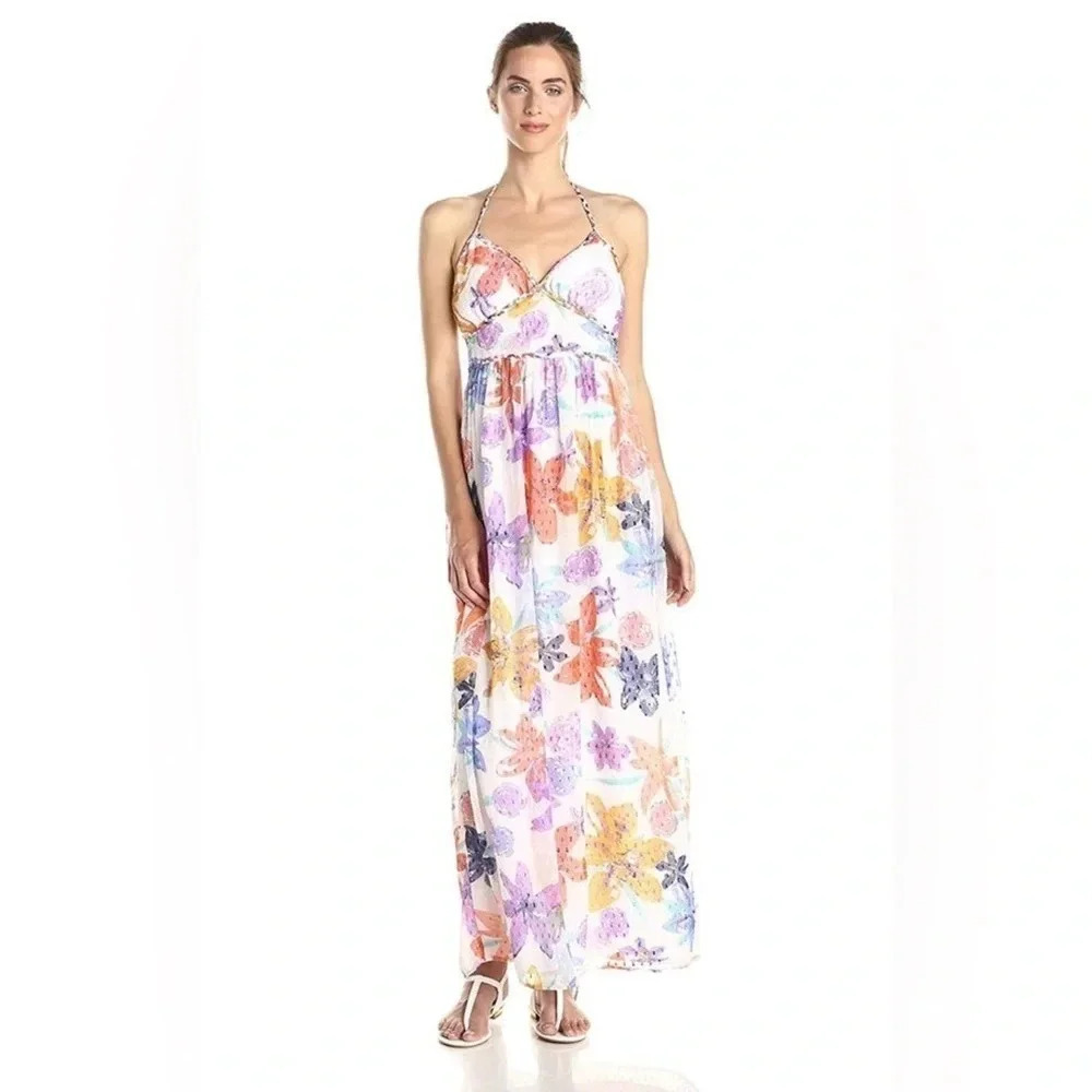 Jessica Simpson sz S Women floral print halter neck red purple maxi summer dress
